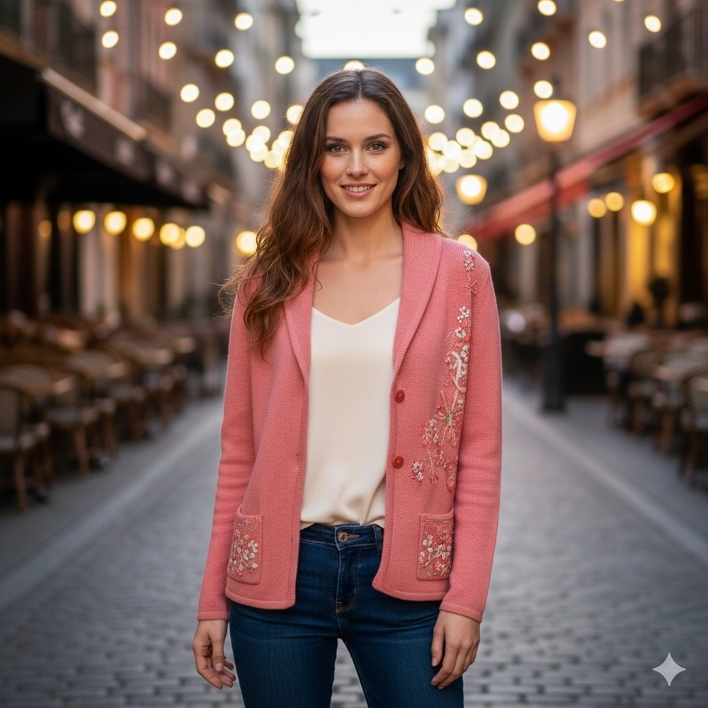 Olsen Europe Womens Quiet Lux Pink Merino Wool Blend Embroidered Cardigan Size M